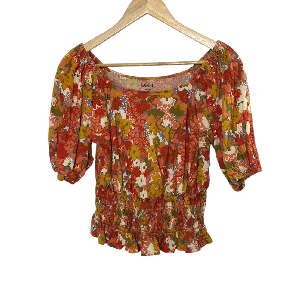 Ann Taylor Loft Orange & Red Short Sleeve Smocked Top Women's Small